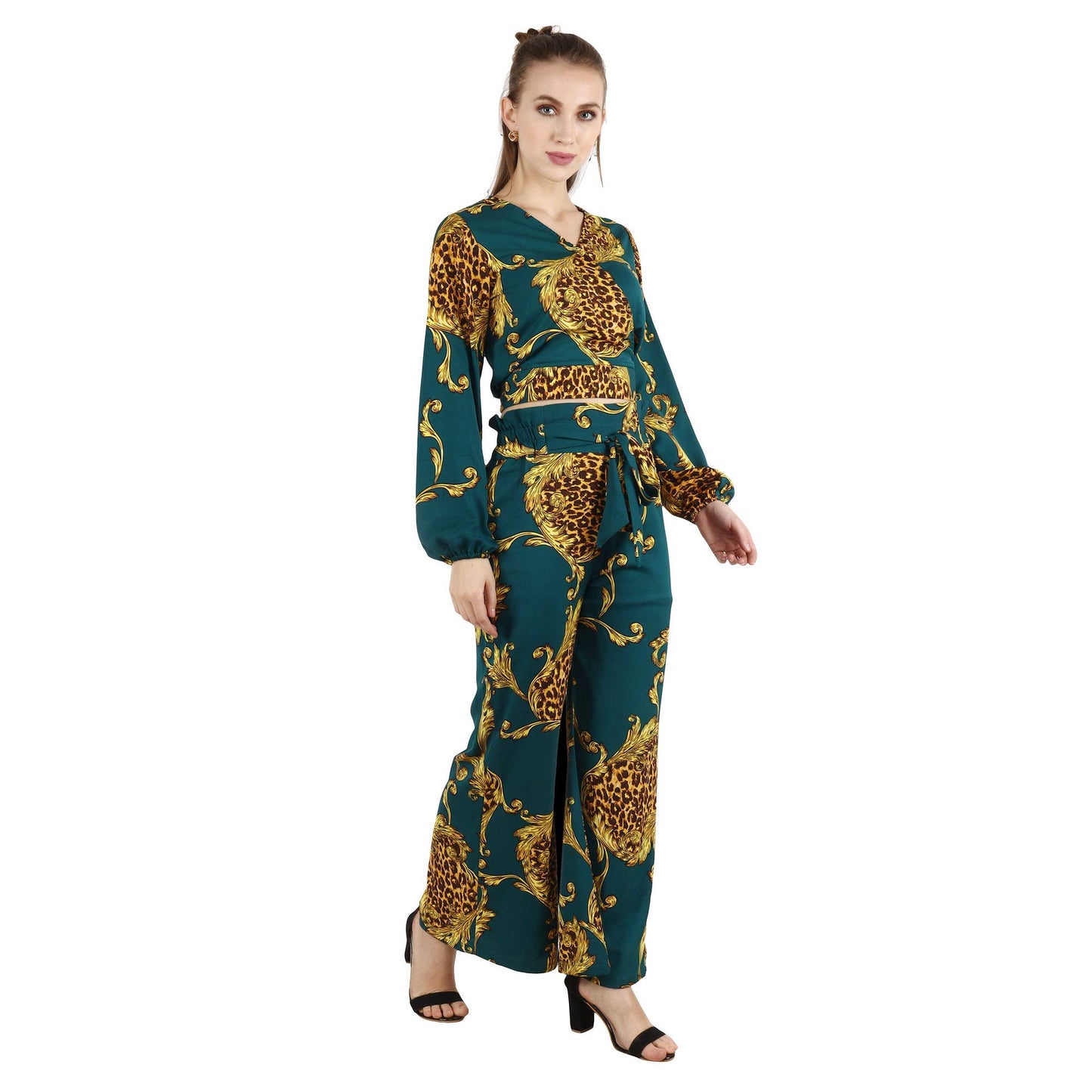 Popwings Casual Gold Chain Printed Green Co-Ord Set For Women | Stylish Western Co-Ord Set For Women | Co-Ord Set For Summer