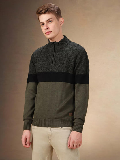 Dennis Lingo Men Colorblock Acrylic Regular Fit Full Sleeves Pullover Sweater Black