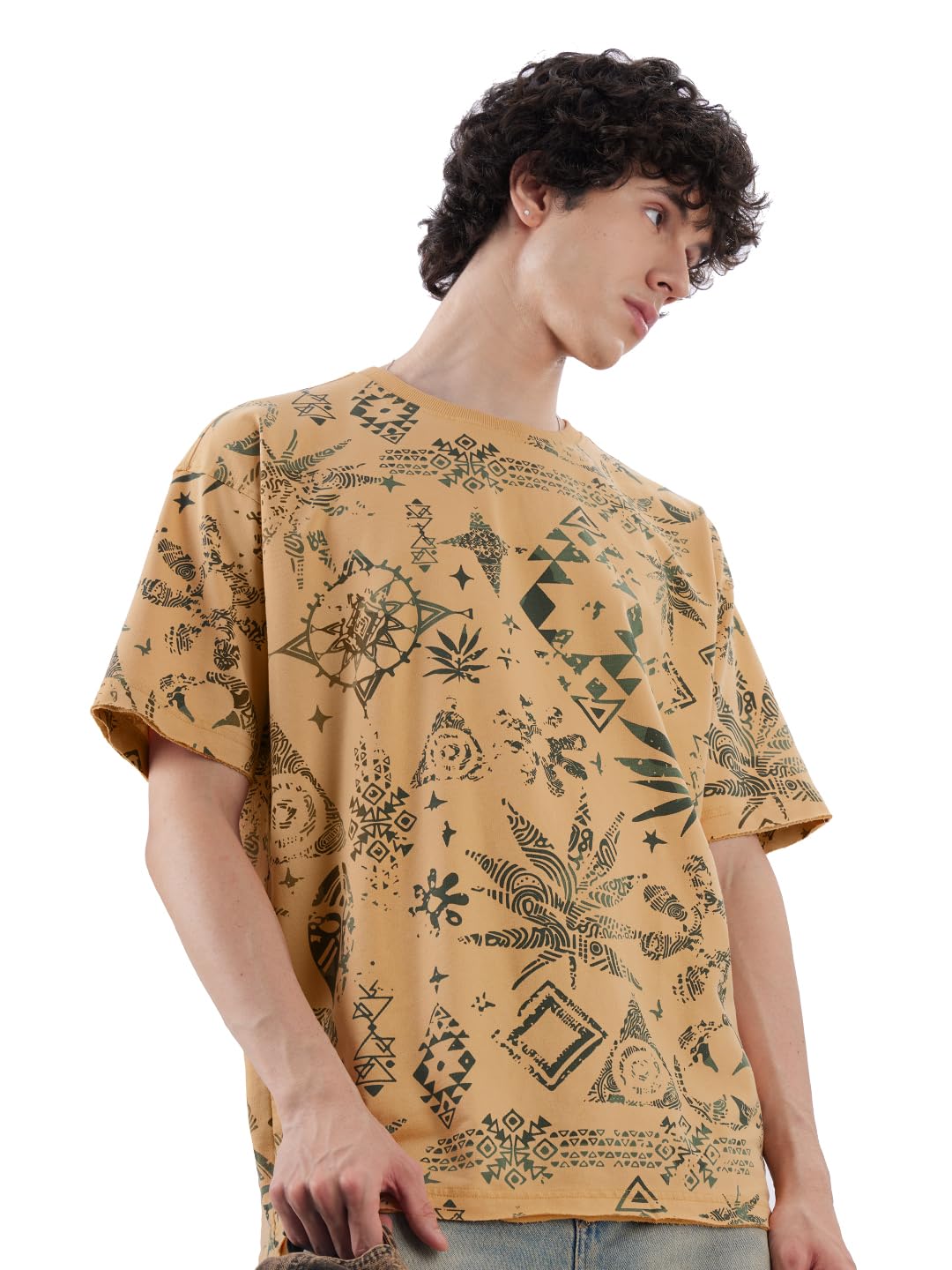 The Souled Store Kalahari Men and Boys Short Sleeve Round Neck Brown All Over Printed Cotton Oversized T-Shirts