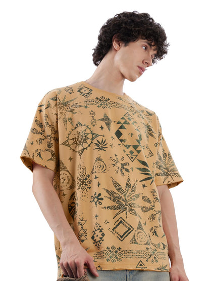 The Souled Store Kalahari Men and Boys Short Sleeve Round Neck Brown All Over Printed Cotton Oversized T-Shirts