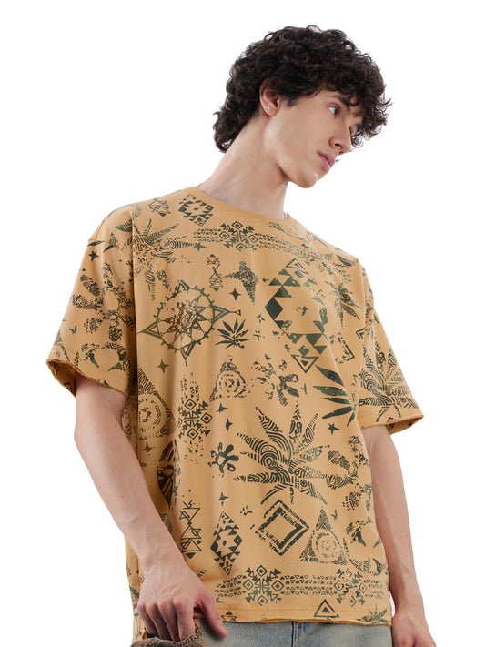 The Souled Store Kalahari Men and Boys Short Sleeve Round Neck Brown All Over Printed Cotton Oversized T-Shirts