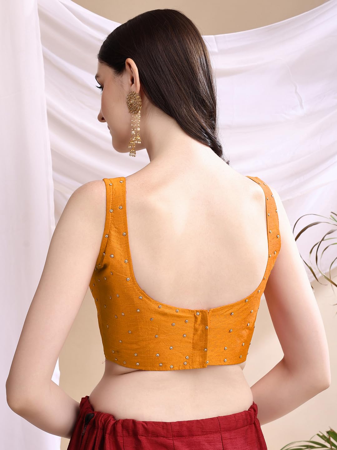 Pujia Mills Womens Square Neck Silk Sleeveless with Stone Work Readymade Blouse