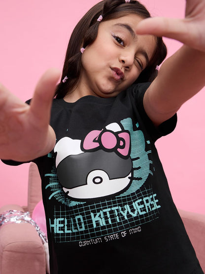 The Souled Store Hello Kitty: Kittyverse Young Girls Short Sleeves Round Neck Black Graphic Printed Regular Fit Cotton T-Shirts