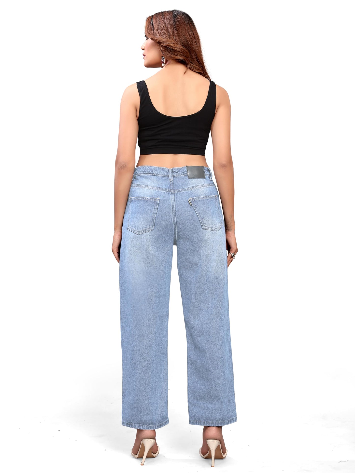 ELLITI Womens Knee Cut Sky Blue Colour Regular Fit High Rise Relaxed/Boyfriend Fit, Wide Leg, Bell Bottom, Pure Denim Below Ank