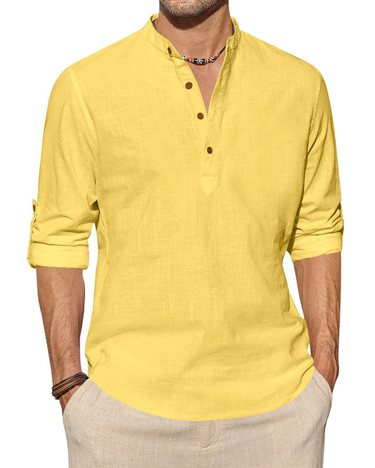 Zombom MenS Cotton Blend Solid Full Sleeve Short Kurta Shirt With Mandarin Collar Yellow
