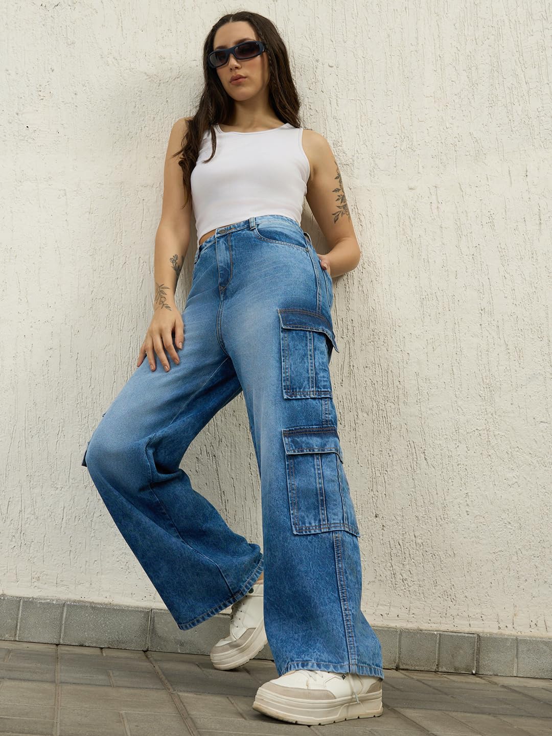 Hubberholme Women Cotton Wide Leg High-Rise Casual Jeans 56 Blue
