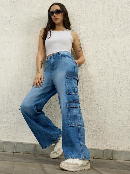 Hubberholme Women Cotton Wide Leg High-Rise Casual Jeans 56 Blue