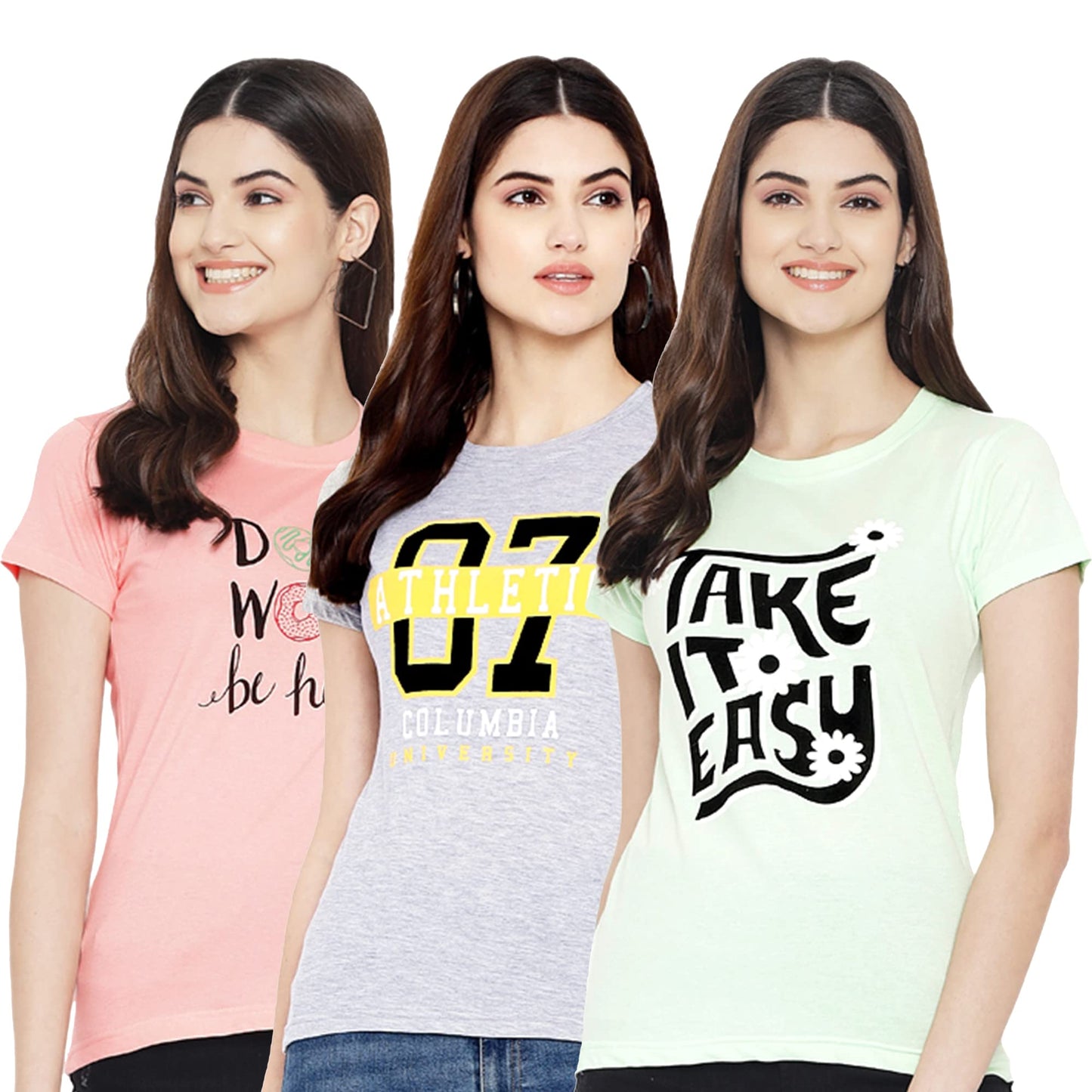 Preneum Womens Cotton Regular Fit Latest Graphic Stylish Printed Short Sleeves Casual T-Shirt || Trendy & Styles (Pack 3), Peac