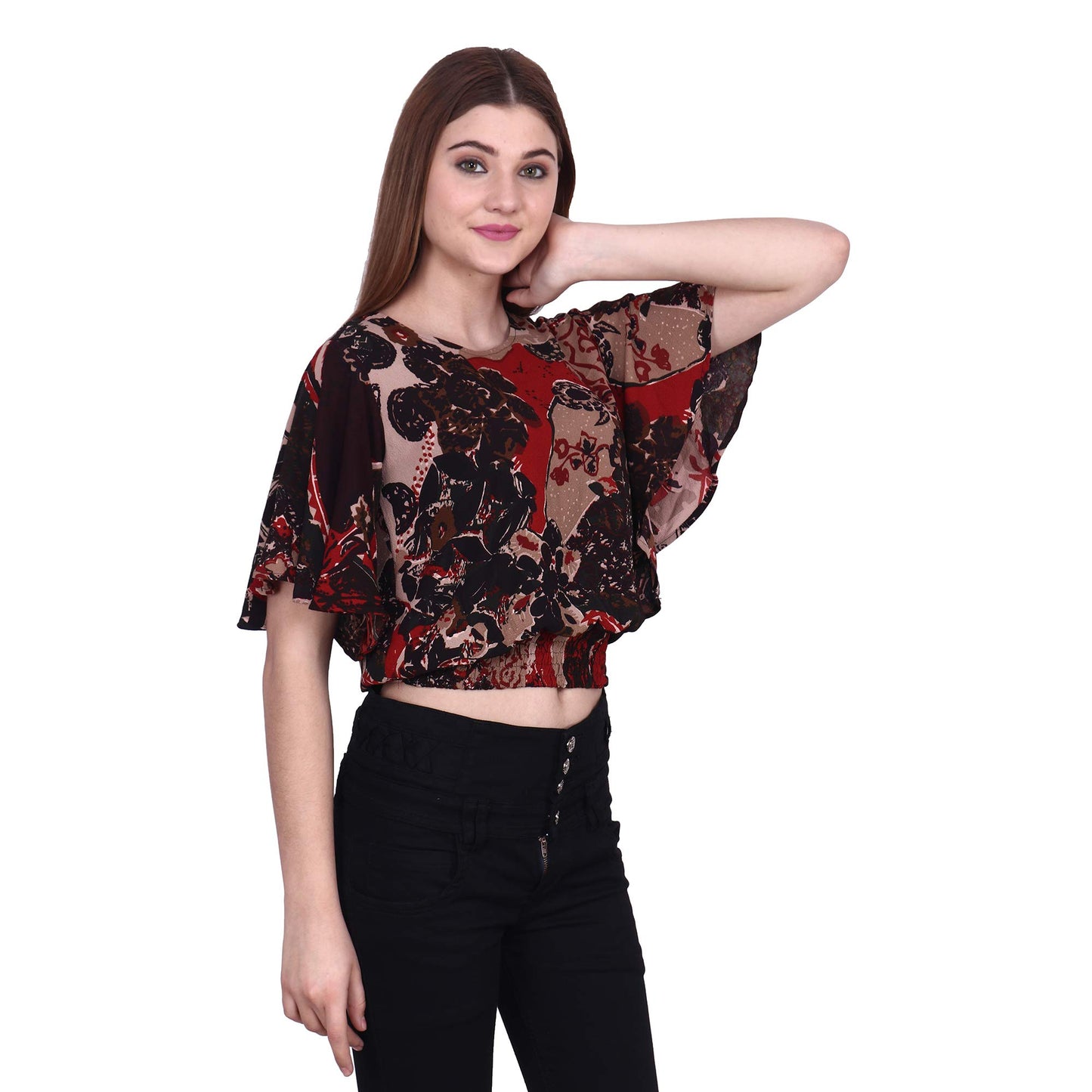 POPWINGS Casual Batwings Sleeves Round Neck Floral Print Regular Multicolor Top for Women