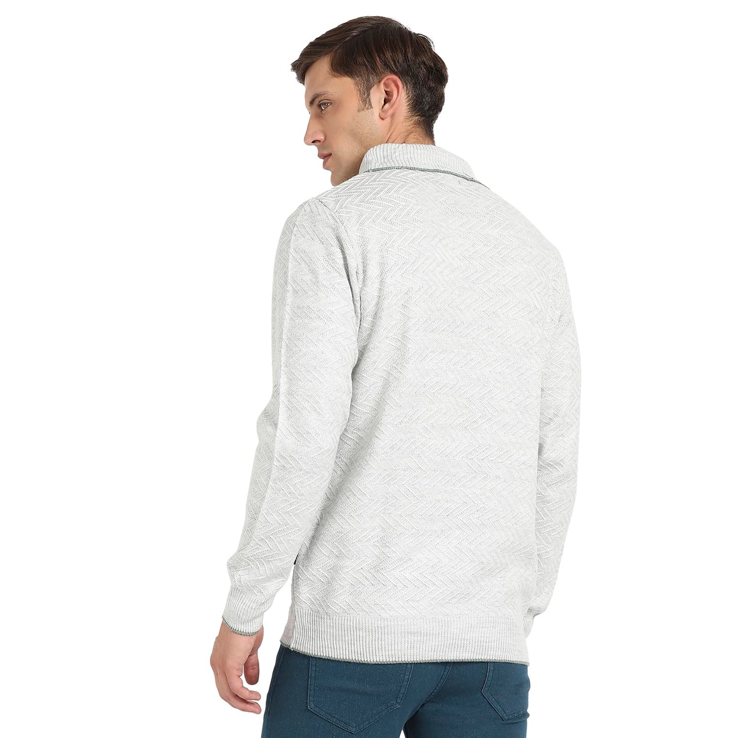 Campus Sutra Mens Light Grey Herringbone Textured Pullover Sweater for Casual Wear | Turtle Neck | Long Sleeve | Pull On Closur