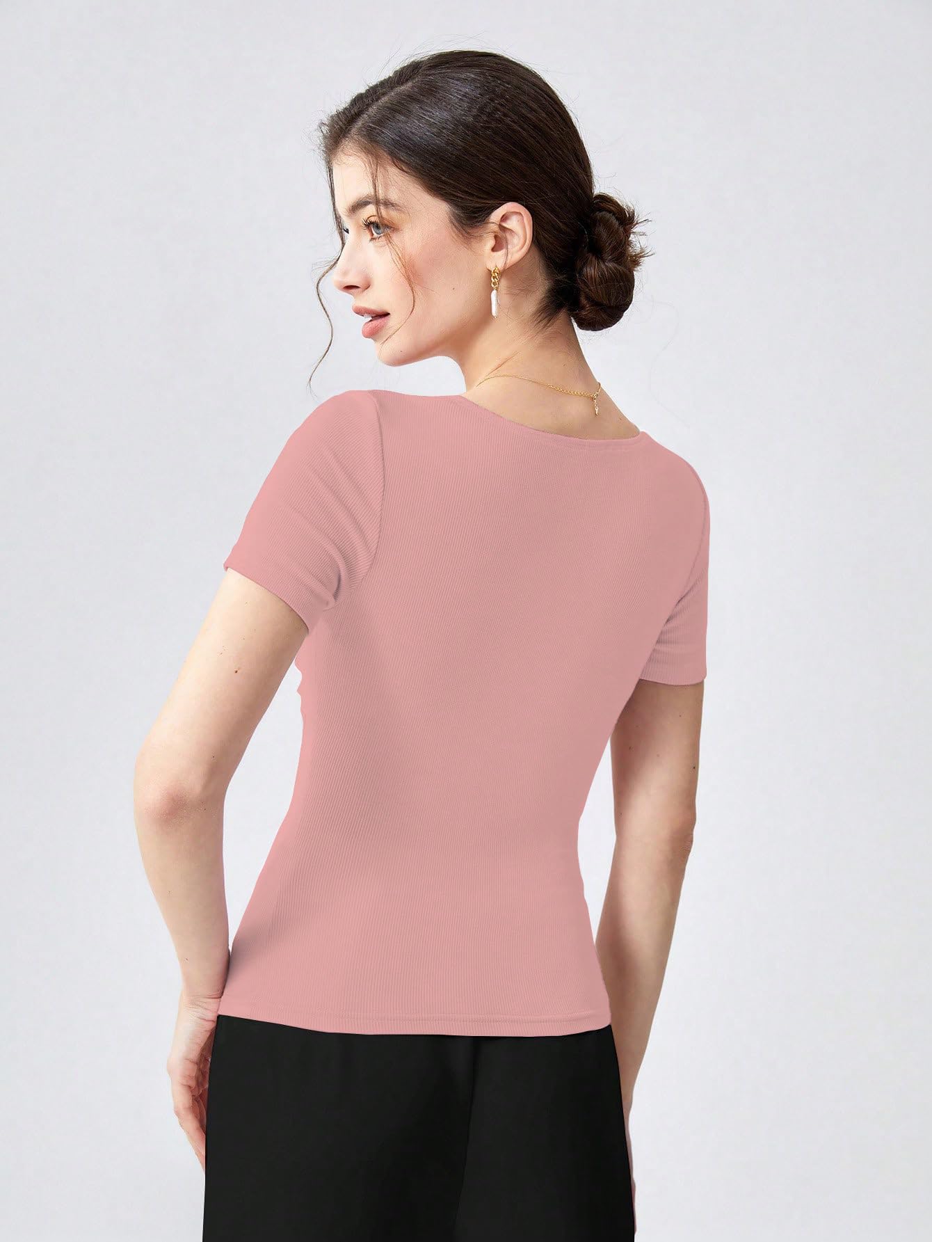 Shasmi Womens & Girls Peach Womens Summer Square Neck Solid Color Ruched Tee Workwear Pleated Casual t-Shirt for Women (Top 1