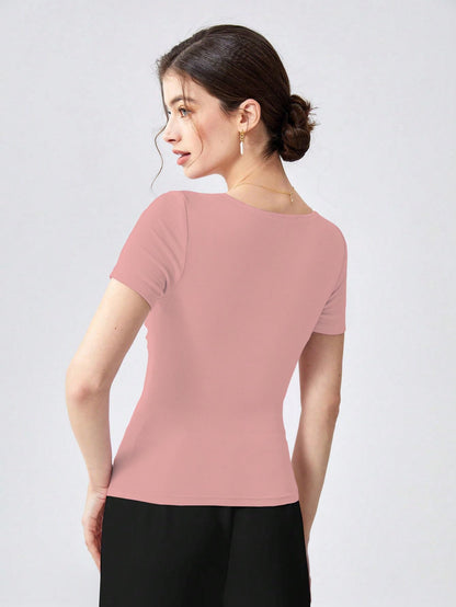 Shasmi Womens & Girls Peach Womens Summer Square Neck Solid Color Ruched Tee Workwear Pleated Casual t-Shirt for Women (Top 1