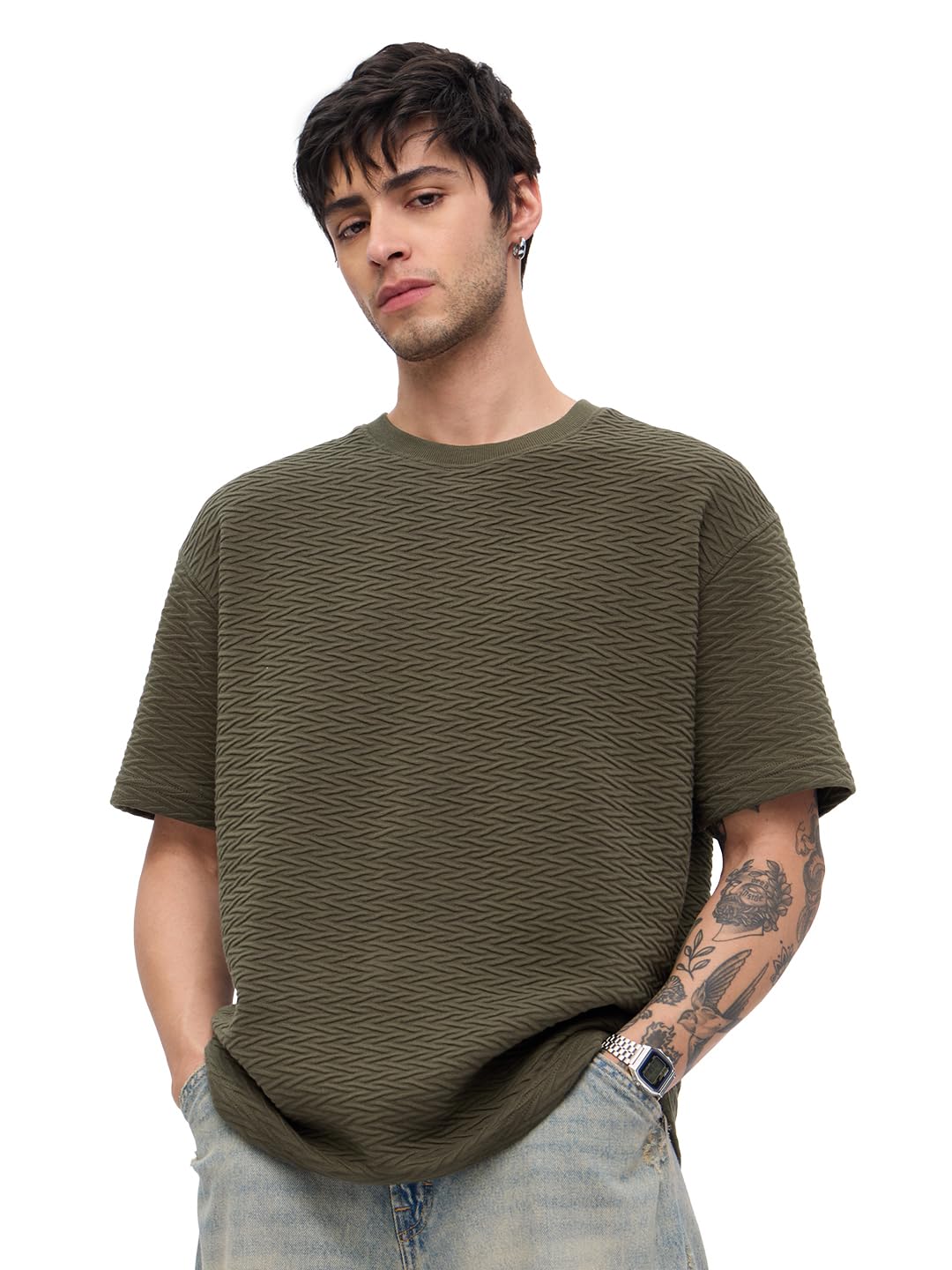 The Souled Store Textured T-Shirt: Olive Men and Boys Short Sleeves Round Neck Solid Cotton Blend Oversized T-Shirts
