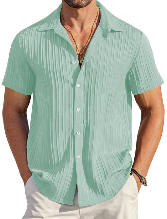 Mildin MenS Cotton Blend Shirt With Self Design Textured Stripes Spread Collar Neck Half Sleeve Western Hip Length | Pista