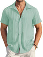 Mildin MenS Cotton Blend Shirt With Self Design Textured Stripes Spread Collar Neck Half Sleeve Western Hip Length | Pista