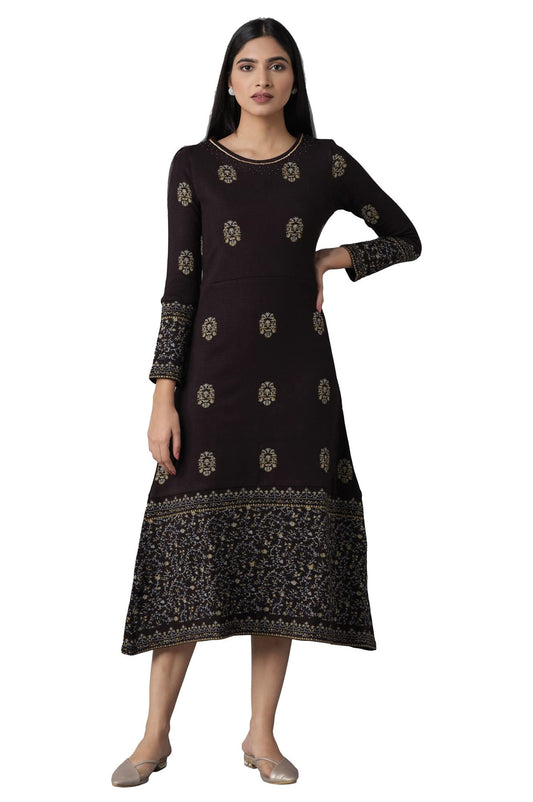 W for Woman Women's Acrylic Dark Purple Embroidered Winter Dress Below The Knee