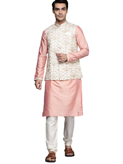 Manyavar Kurta Jacket Set For Men, Full Sleeves Mandarin Collar Ethnic Wear Jacket Set For Festival, Wedding, Party Blended Visc