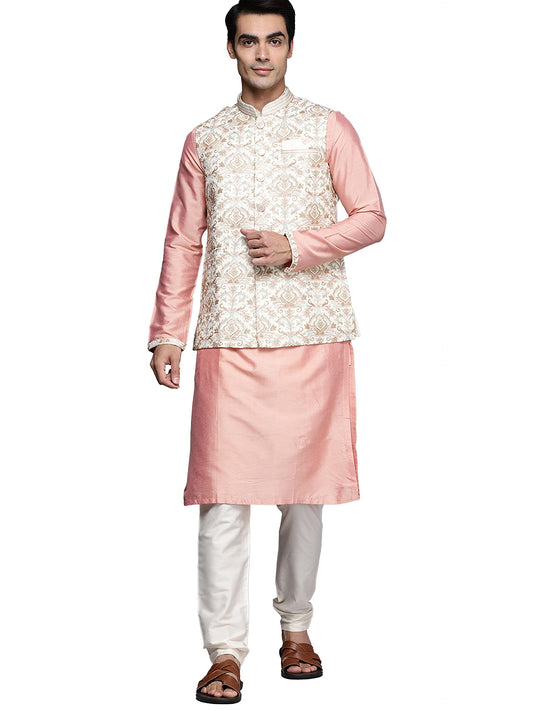 Manyavar Kurta Jacket Set For Men, Full Sleeves Mandarin Collar Ethnic Wear Jacket Set For Festival, Wedding, Party Blended Visc