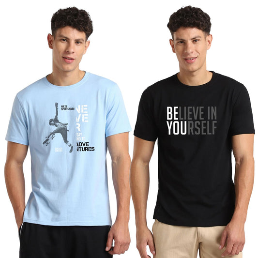 Nobero MenS Graphic Regular Fit T-Shirt (1M-Twts-C0703_Powder Blue/Black