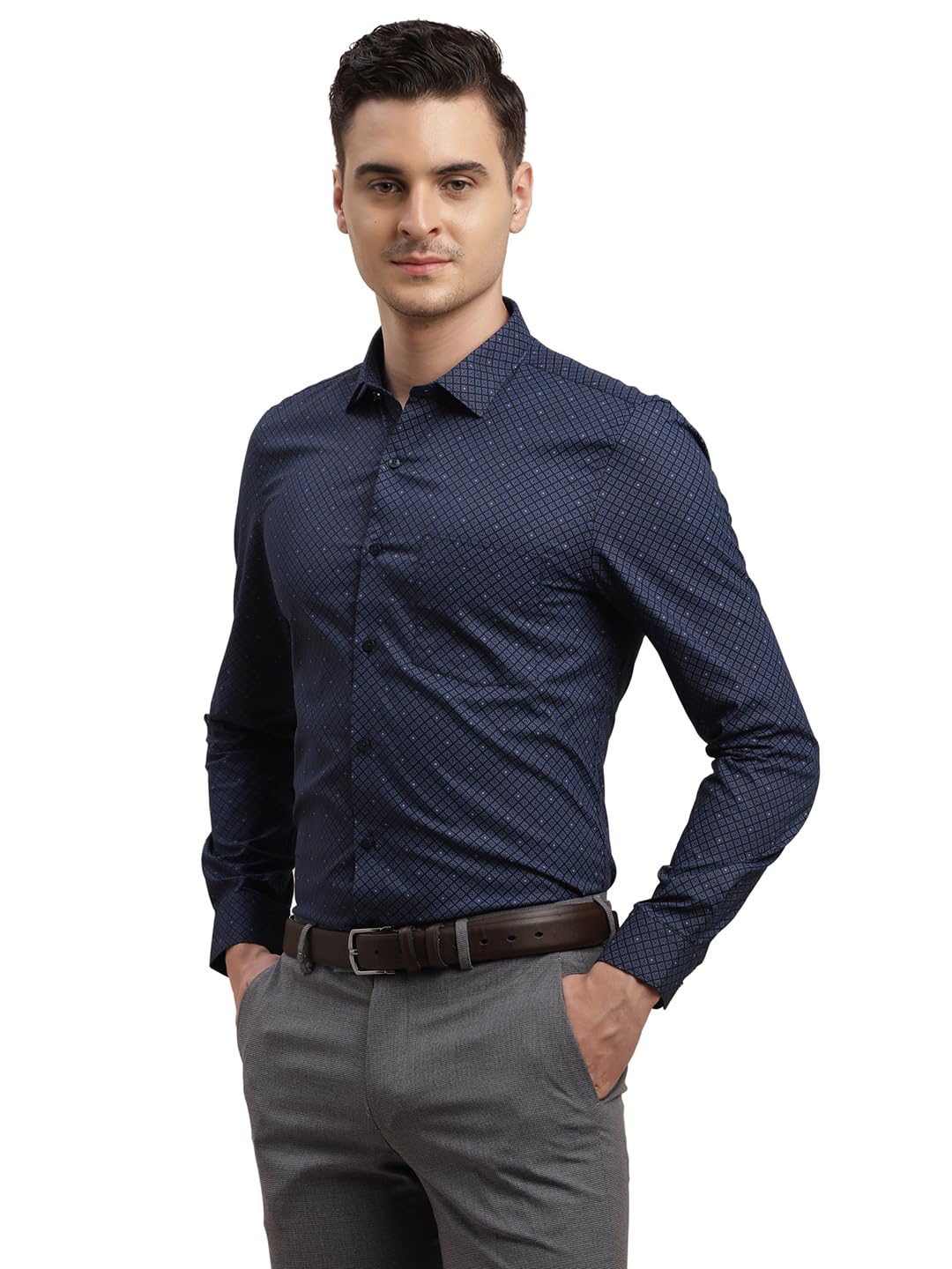 Turtle Men 100% Cotton Printed Slim Fit Blue Formal Shirt