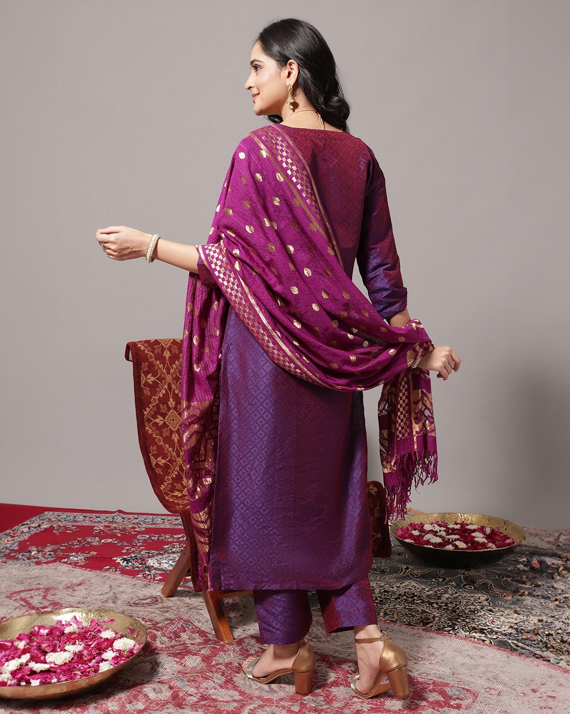 Varanga Women Violet Zari Embroidered Kurta With Three-Quarter Sleeves, Round Neck, Paired With Tonal Bottom And Dupatta