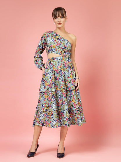 Oomph! WomenS Western & Fusion Wear Printed Crepe Dress For Women, One Shoulder, Blue - Md1068