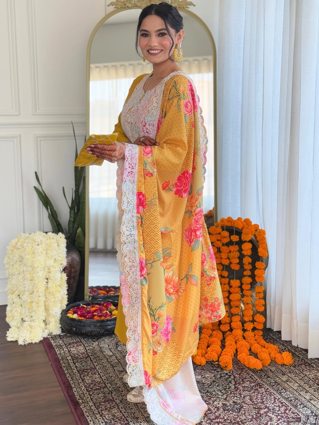 Naixa WomenS Yellow Bsy Viscose Embroidered Flared Kurta With Bsy Viscose Pant And Art Silk Embroidered Laced Dupatta Sets (Nx-