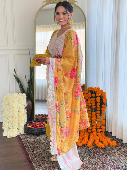 Naixa WomenS Yellow Bsy Viscose Embroidered Flared Kurta With Bsy Viscose Pant And Art Silk Embroidered Laced Dupatta Sets (Nx-