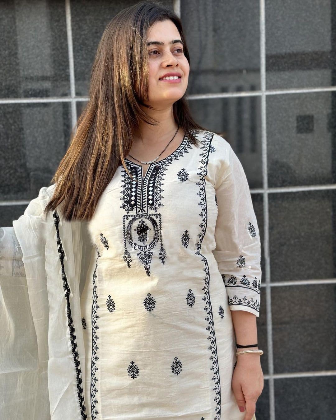 GoSriKi Ladies Straight Kurta with Trousers & Dupatta, Rayon Blend, Size 50, White, Model DEVANAGRI WHITE-GS
