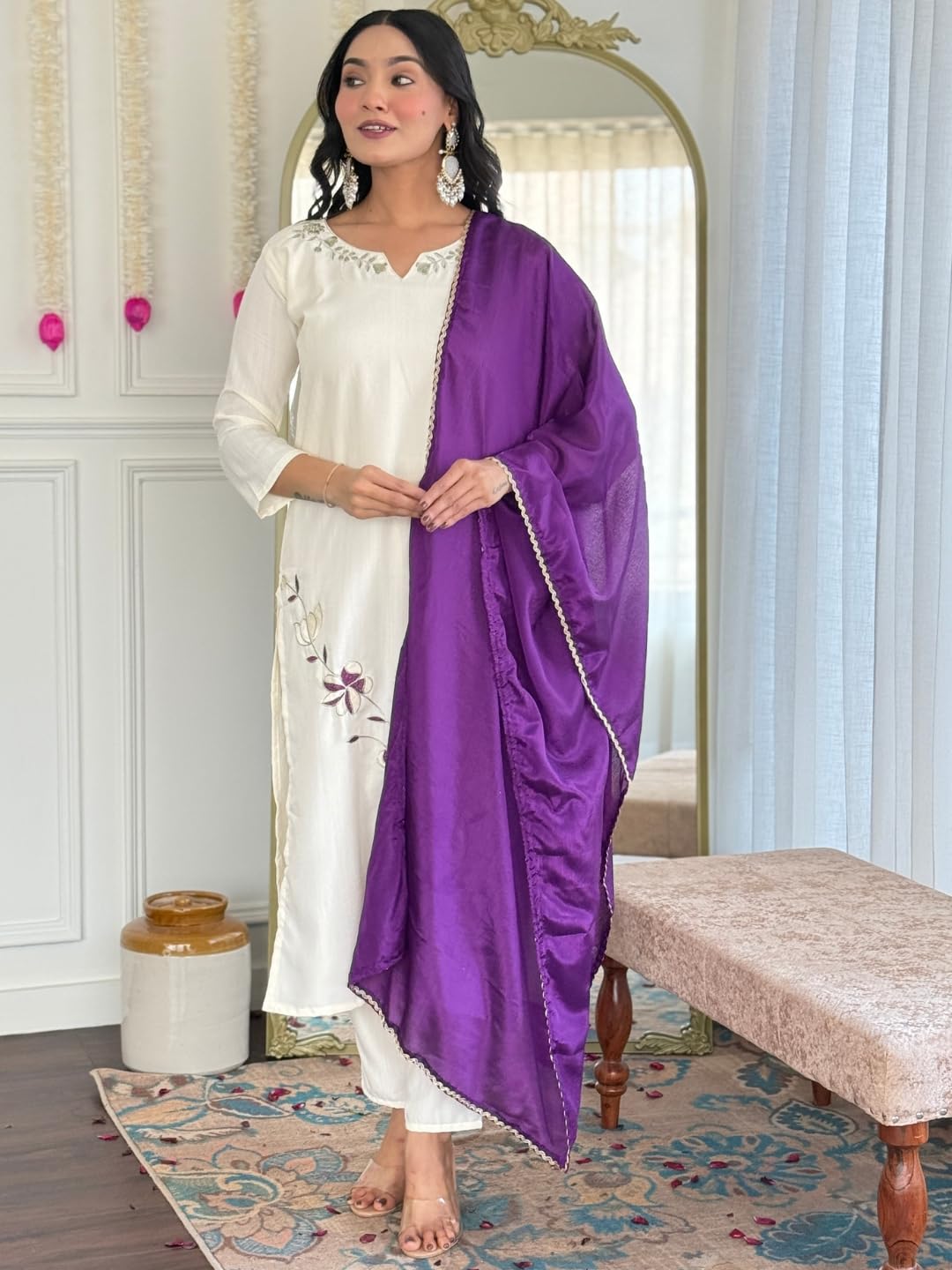 Naixa WomenS Off White Viscose Rayon Embroidered And Printed Straight Kurta With Viscose Rayon Pant And Chinon Dyed Dupatta Set
