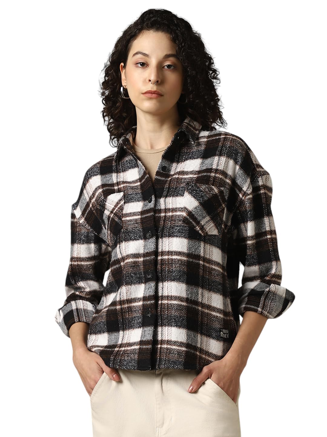 Hubberholme Women Cotton Check Oversized Fit Spread Collar Full Sleeves Shirts