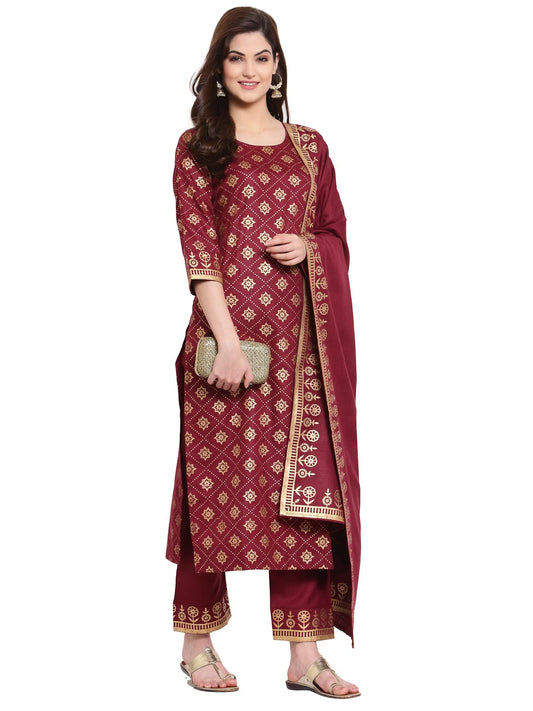 ANNI DESIGNER Women's Straight Cotton Kurta with Palazzo & Dupatta (KPZD-COT-10001-NEW-BLACK)