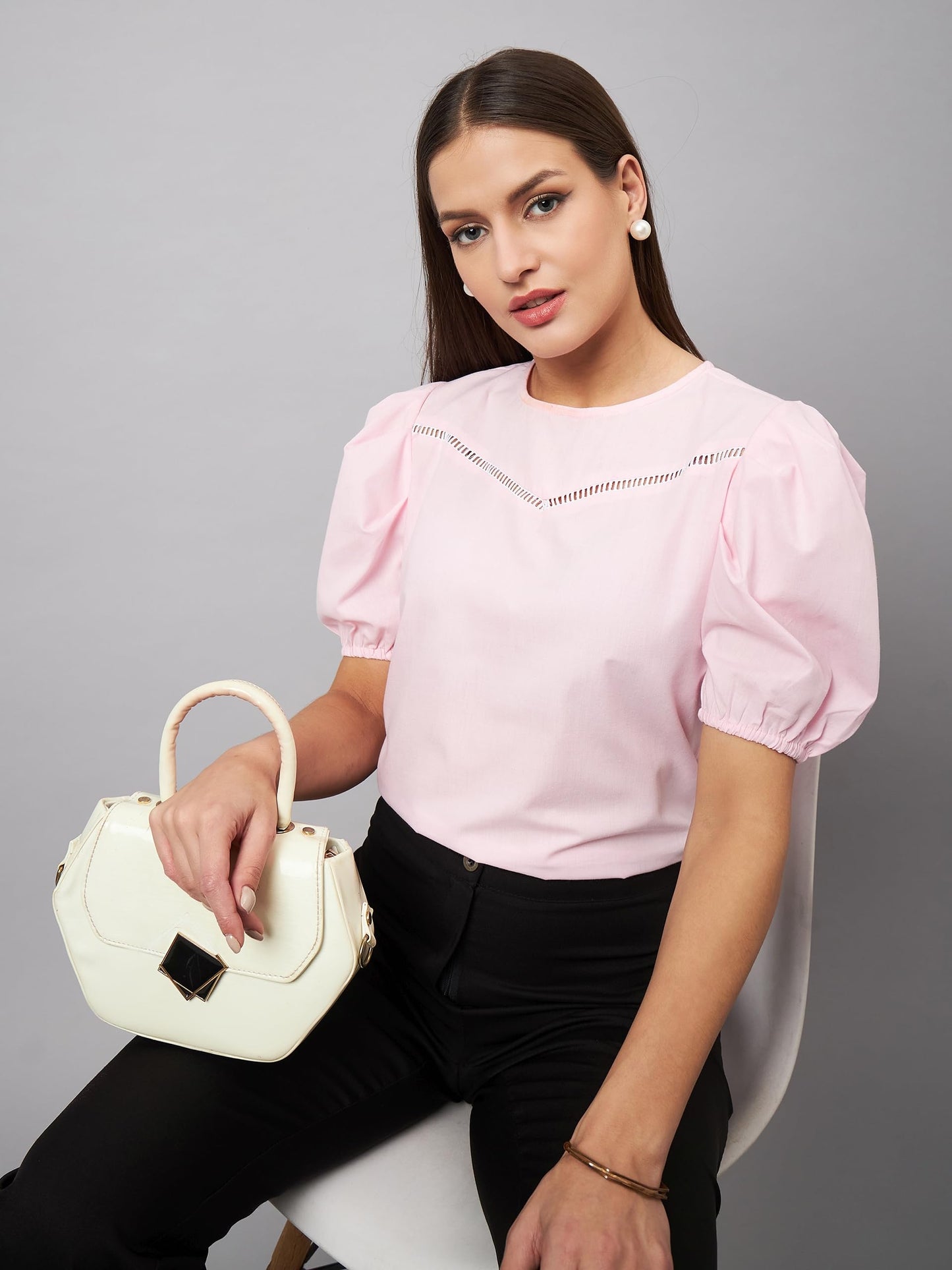 Style Quotient Womens Pink Round Neck Puff Sleeves Smart Top