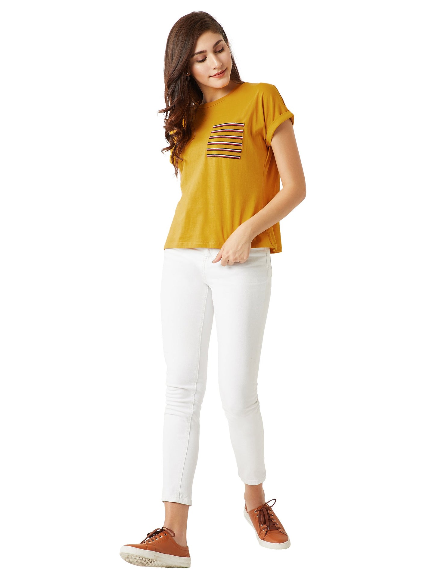 Miss Chase WomenS Super Soft Round Neck Continuous Short Sleeves Cotton Solid Twill Pocket Regular Basic T-Shirt (Mcss18Ts01-20