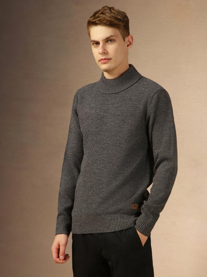 Dennis Lingo Men Grey Solid Slim Fit Full Sleeve Turtle Neck Pullover Sweater