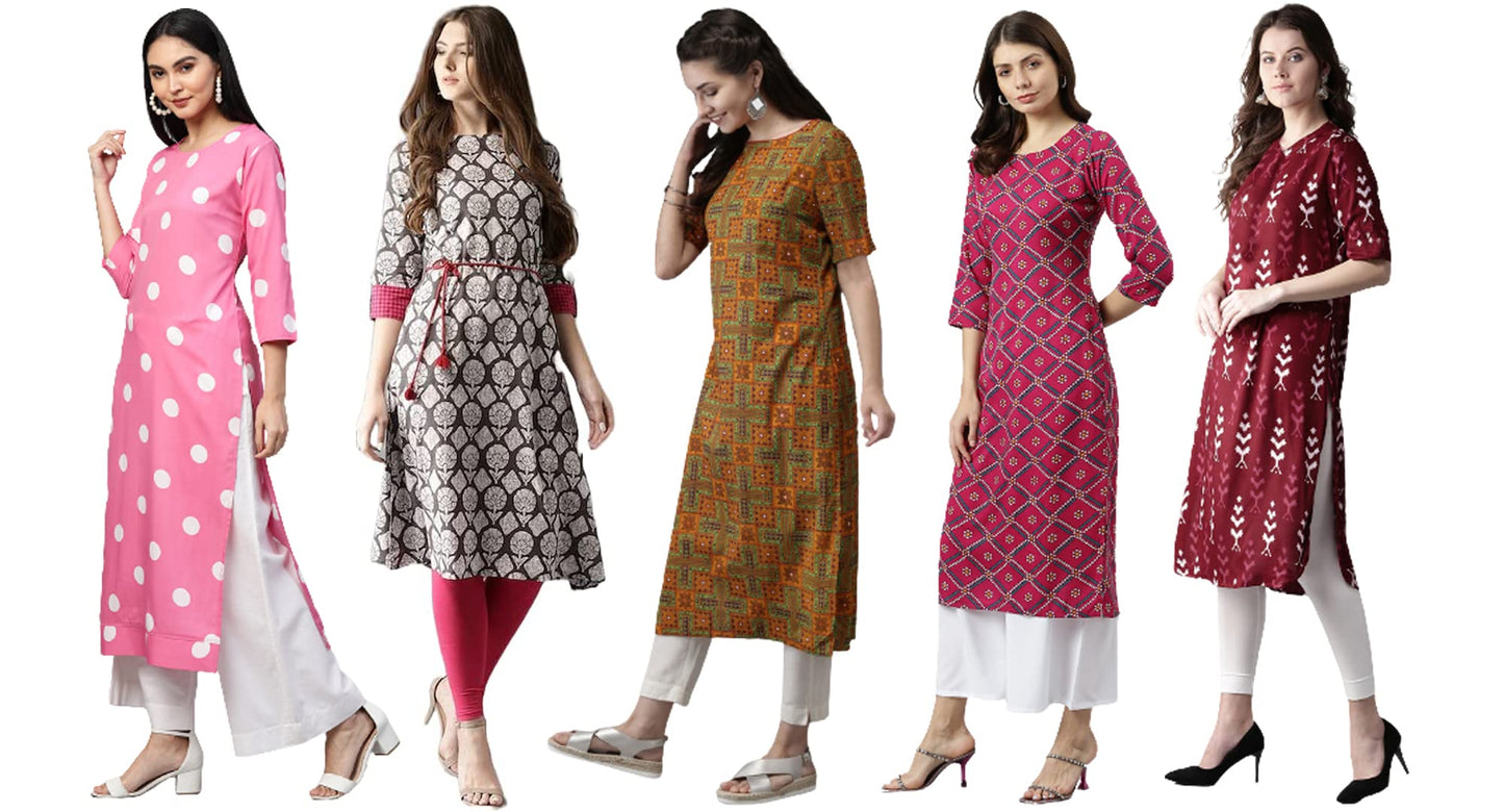 ANNI DESIGNER Women's Crepe Straight Printed Kurta Pack of 5 (Crepe-Combo-NW_023)