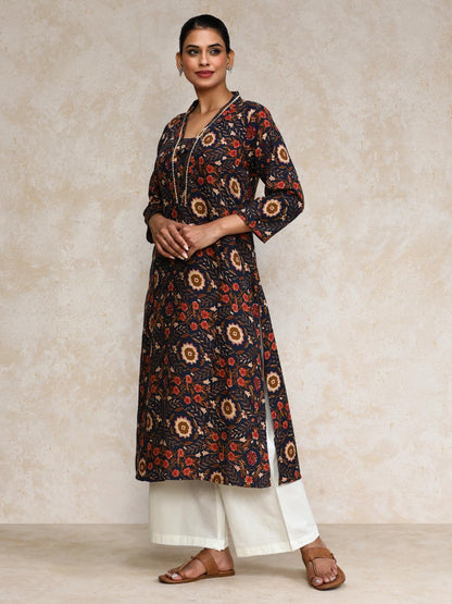 Varanga Women Ethnic Jaipuri Printed V Neck A-Line Kurta Blue
