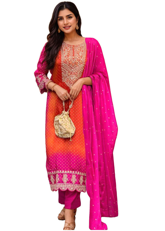 ANNI DESIGNER Women's Rayon Viscose Straight Bandhani Embroidered Kurta with Pant & Dupatta