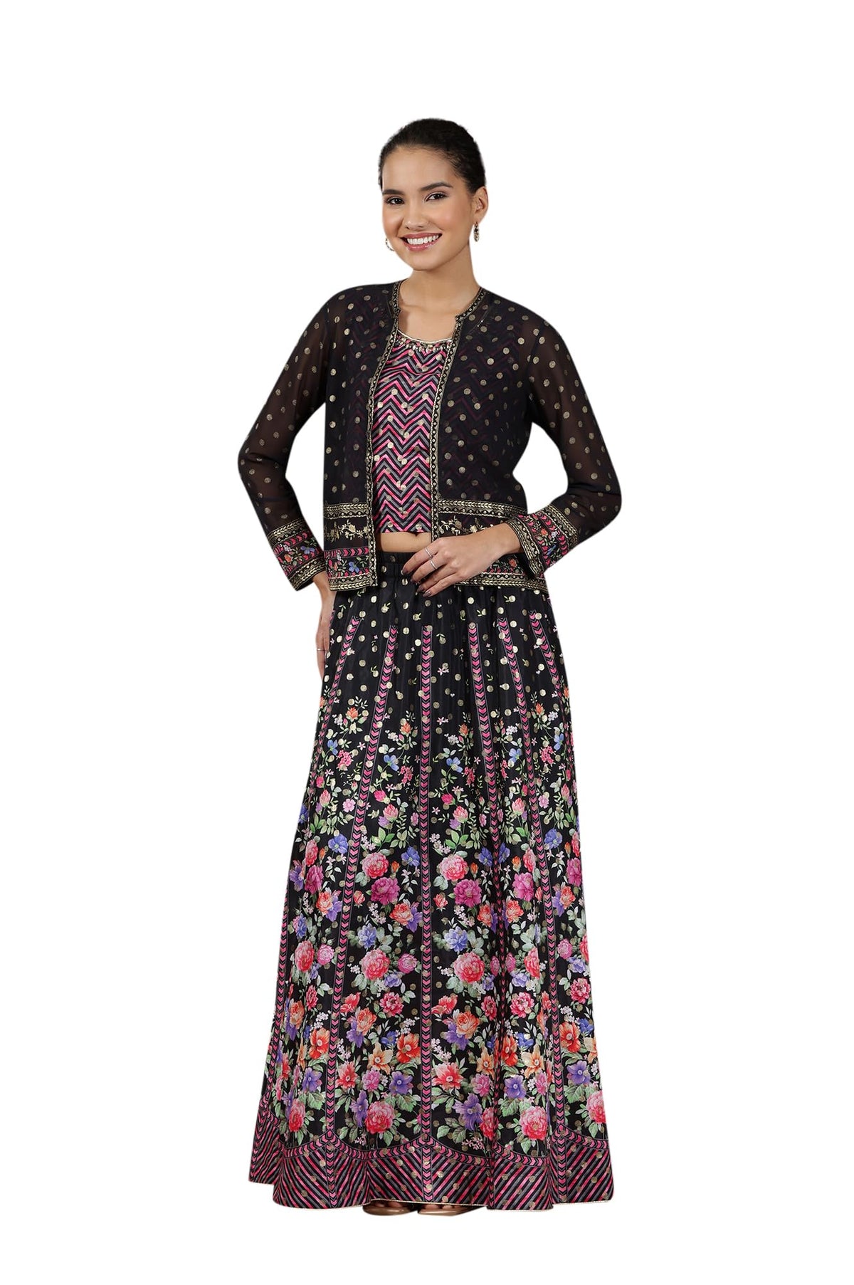 Aurelia Women'S Pink Geometric Printed Sleeveless Top, Black Sheer Jacket And Flared Skirt Set