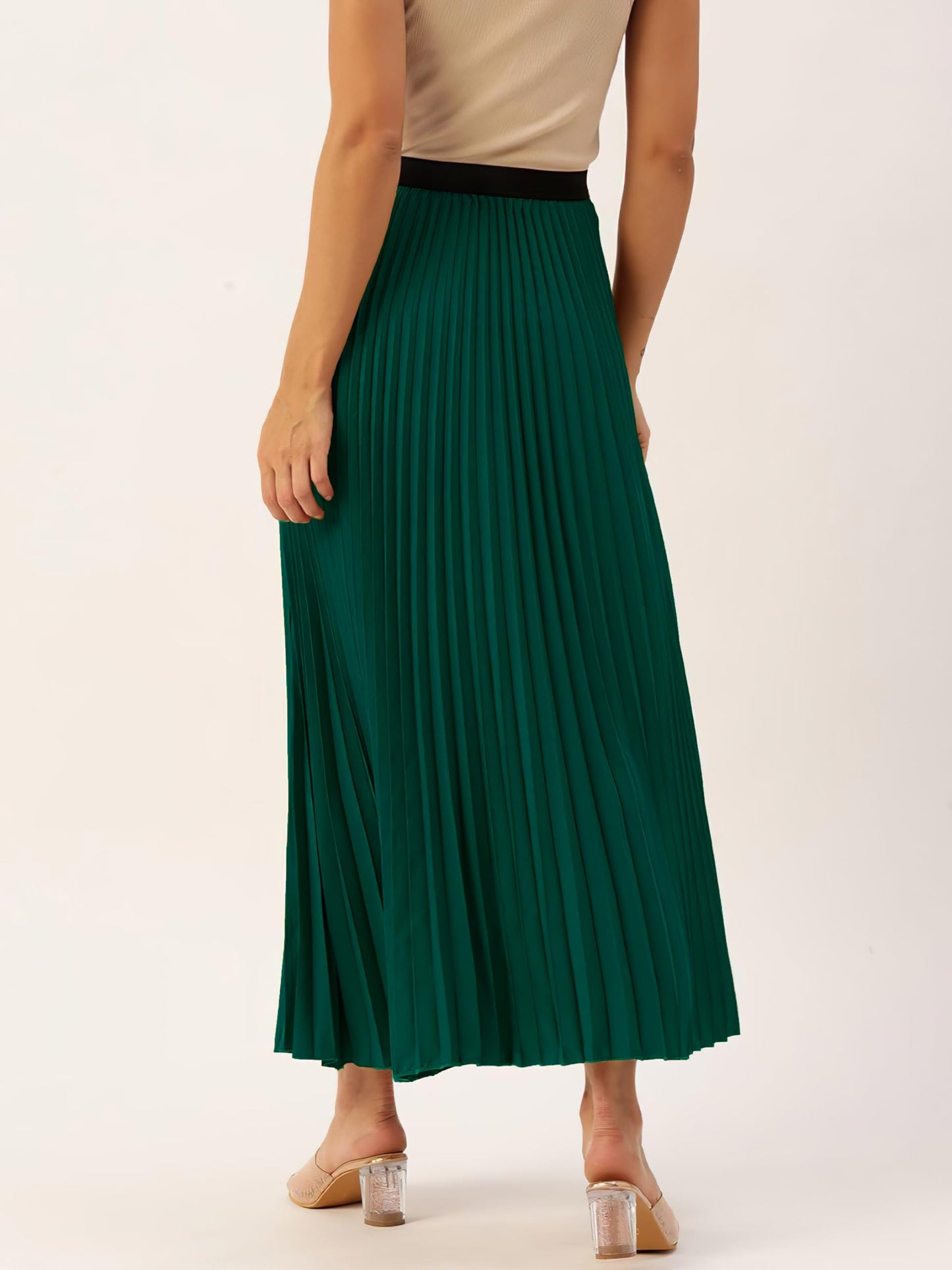 Kzully | Women Accordian Pleat Maxi Flared Skirt Green