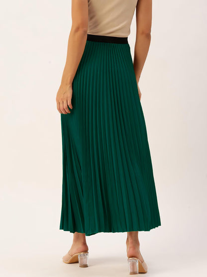 Kzully | Women Accordian Pleat Maxi Flared Skirt Green