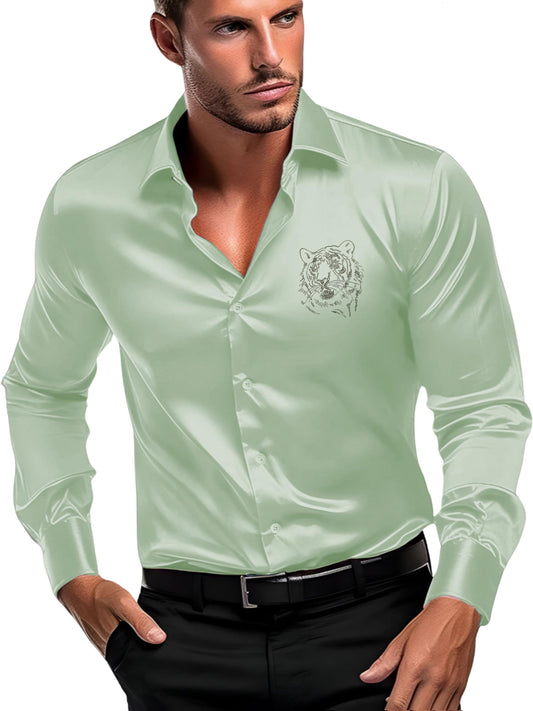 Indoprimo MenS Satin Stylish Club Wear Tiger Diamond Print Shirt Full Sleeve Pista