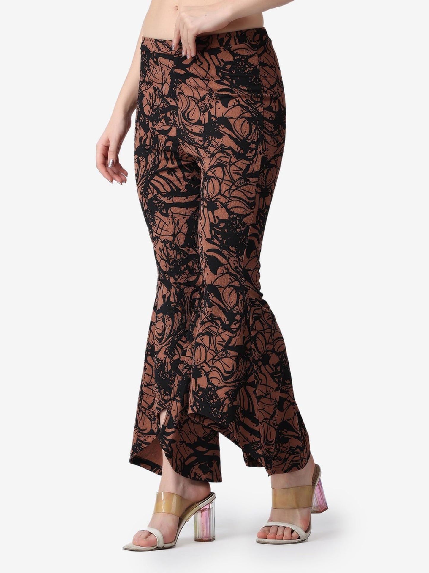 POPWINGS Casual Marble Print Bell Bottom Trousers for Women | Flare Fit Women Trousers for Summer | Stylish Western Regular Fit