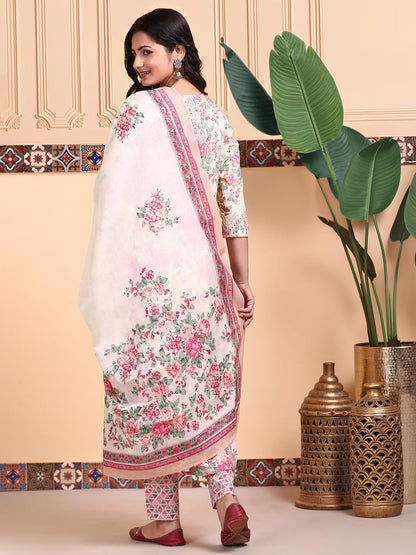 Ishin Floral Printed V-Neck Pure Cotton Kurta With Trousers & Dupatta | Kurta Set For Women | Kurta With Trousers And Dupatta