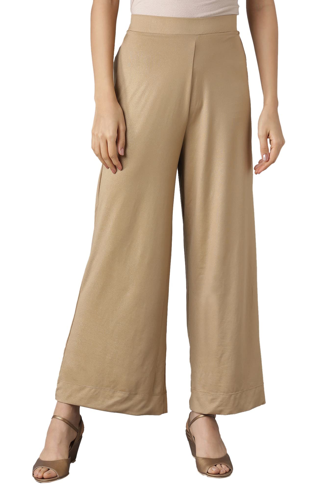 Aurelia Gold Solid Poly-Blend Palazzo Ethnic Bottomwear For Women