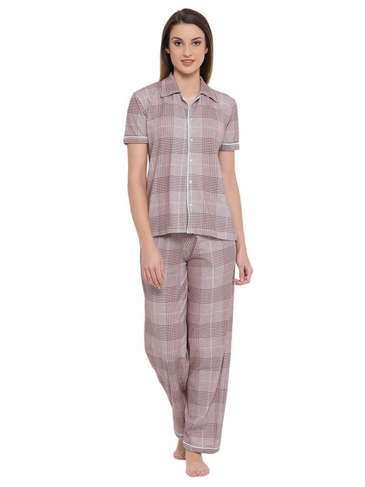 Clovia Womens Cotton Checked Shirt & Pyjama Set (LS0317P24_Beige_S)