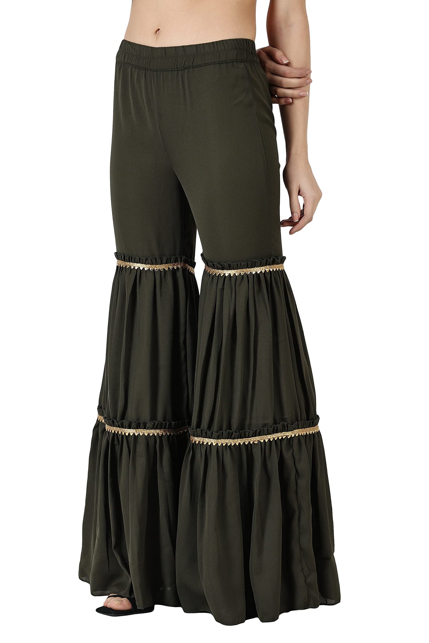 Popwings Casual Olive Georgette Gharara Pant For Women