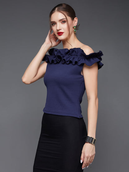 Miss Chase WomenS Navy Blue Designer Off Shoulder Sleeveless Solid Slim Fit Ruffled Frilled Gathered Bardot Top (Mcaw17Tp09-16-
