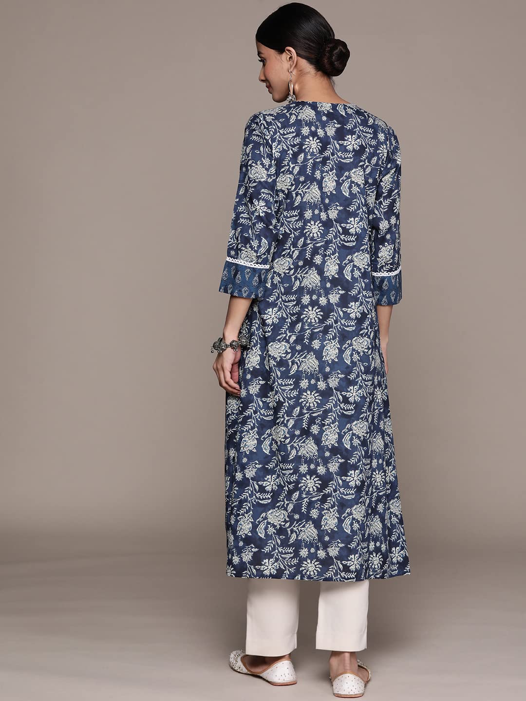 anubhutee Women's Cotton Navy Blue Mirror Work Floral Printed A-Line Kurta
