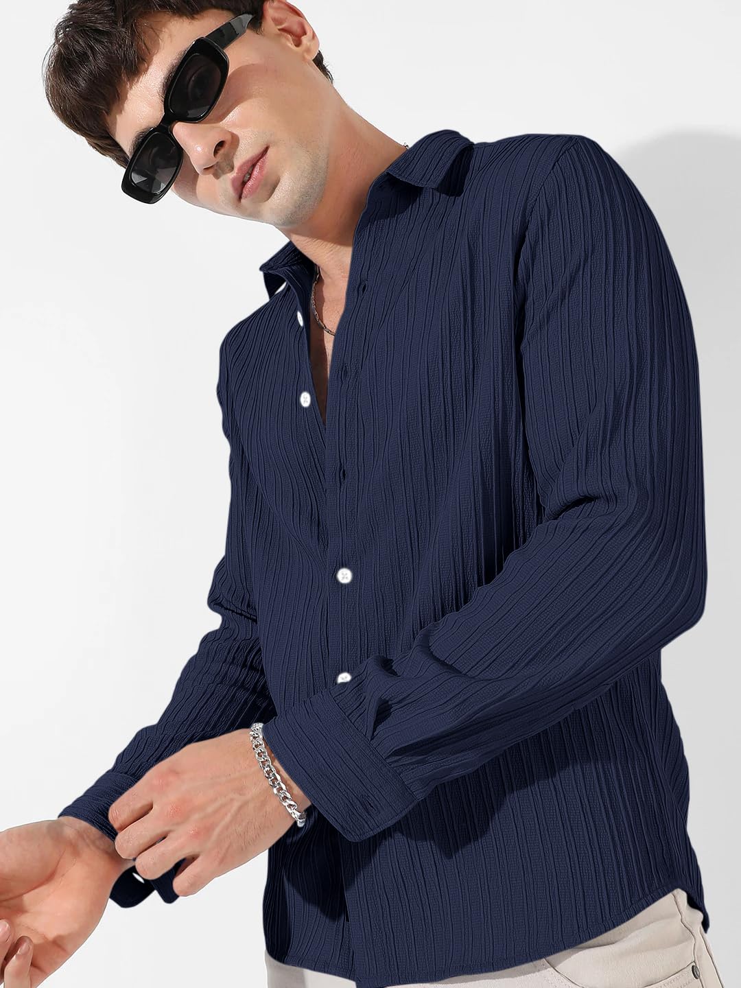 Finivo Fashion MenS Cotton Casual Striped Button Down Shirts Long Sleeve Textured Summer Beach Shirt For Men Navy